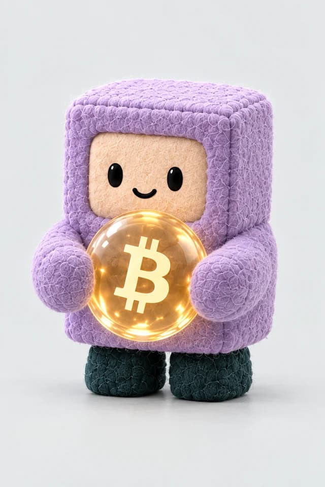 Christina, a plush cube host holding a Bitcoin sphere.