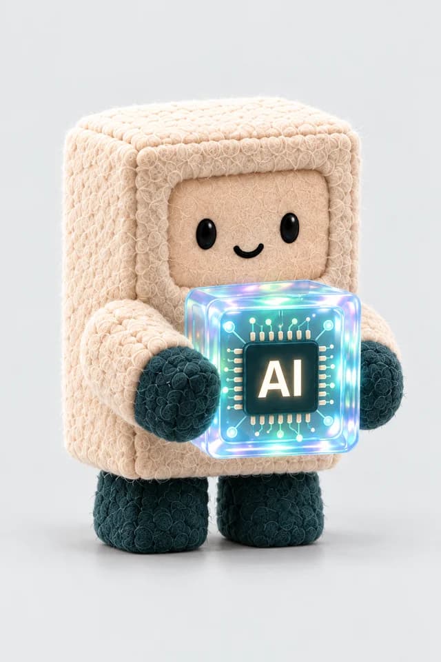 Michael, a plush cube host holding an AI-chip cube.